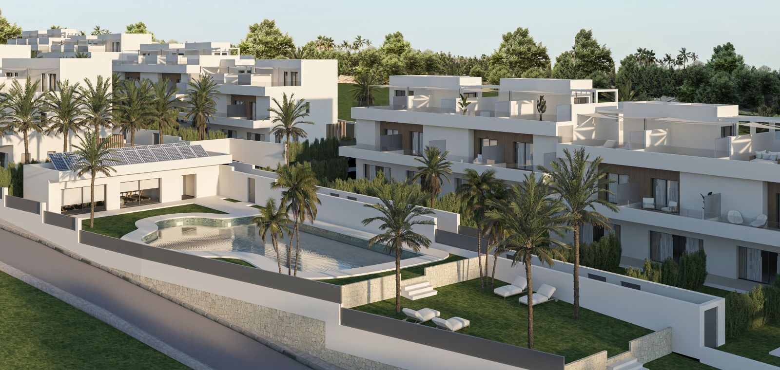 Exterieur van Palm Luxury Gardens met zwembad en palmbomen.