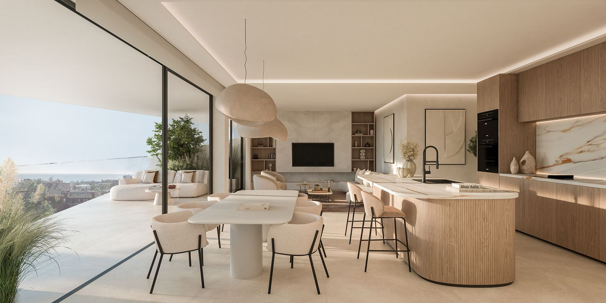 Open plan woonkamer en keuken in Solaia Residence met uitzicht op zee.