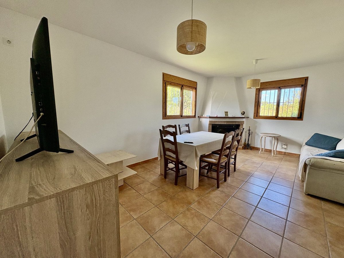 Living and dining area with a fireplace, TV, dining table, chairs, and a sofa. Natural light streams through the windows.