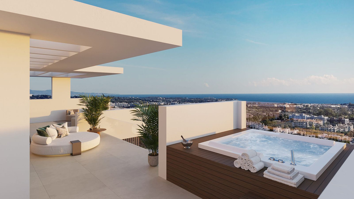 Luxe villa met zwembad op het dak en uitzicht.