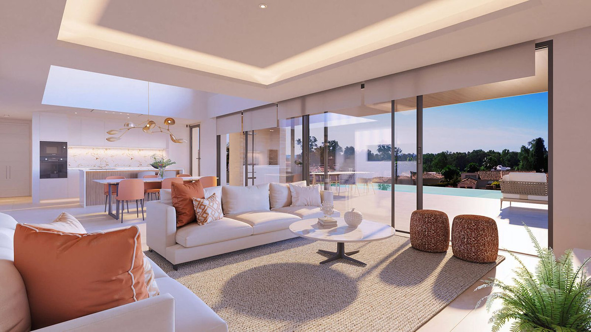 Moderne woonkamer met open keuken en uitzicht op zwembad