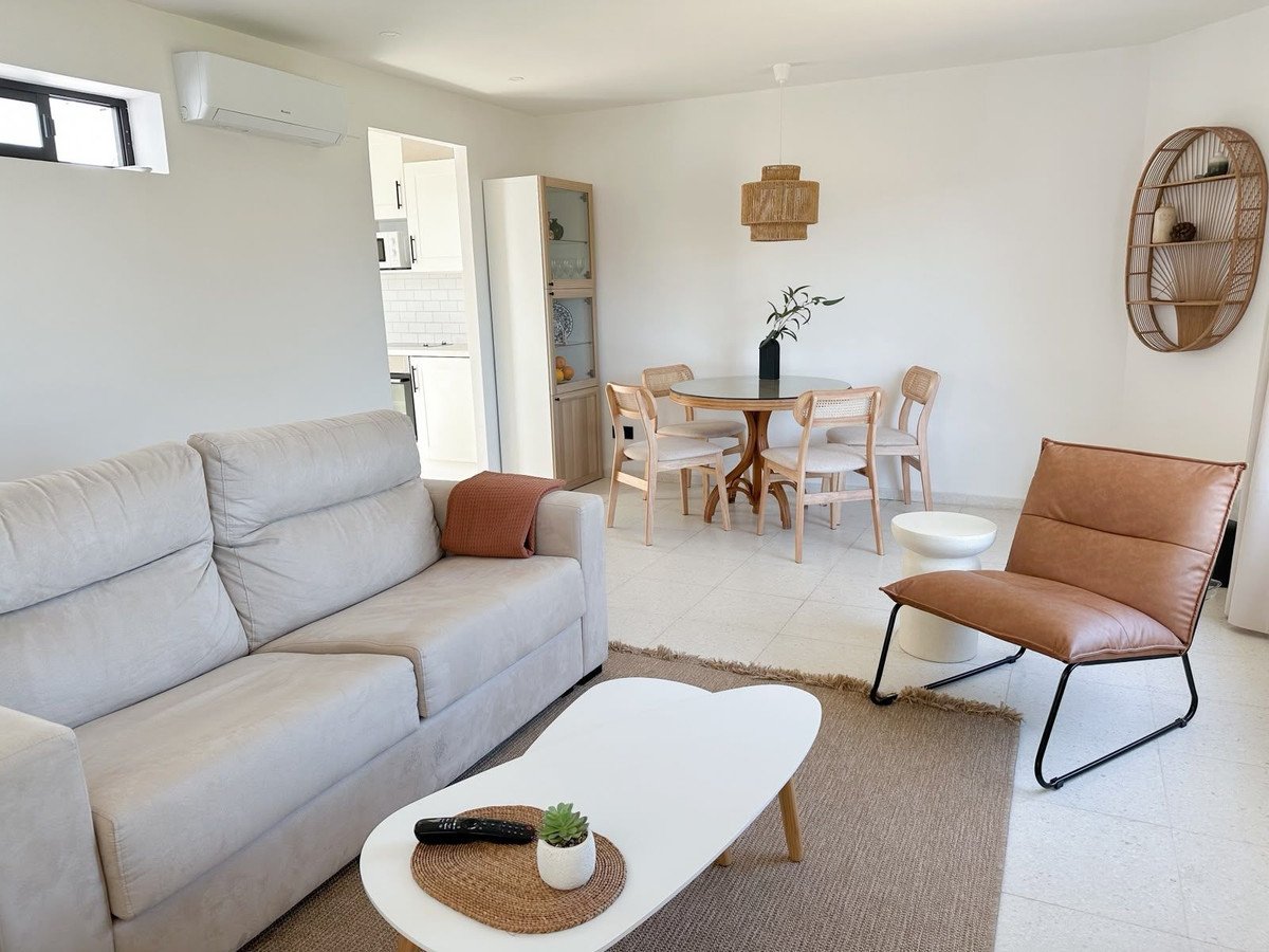 A modern living and dining area featuring a sofa, armchair, dining table, and a glimpse of the kitchen.