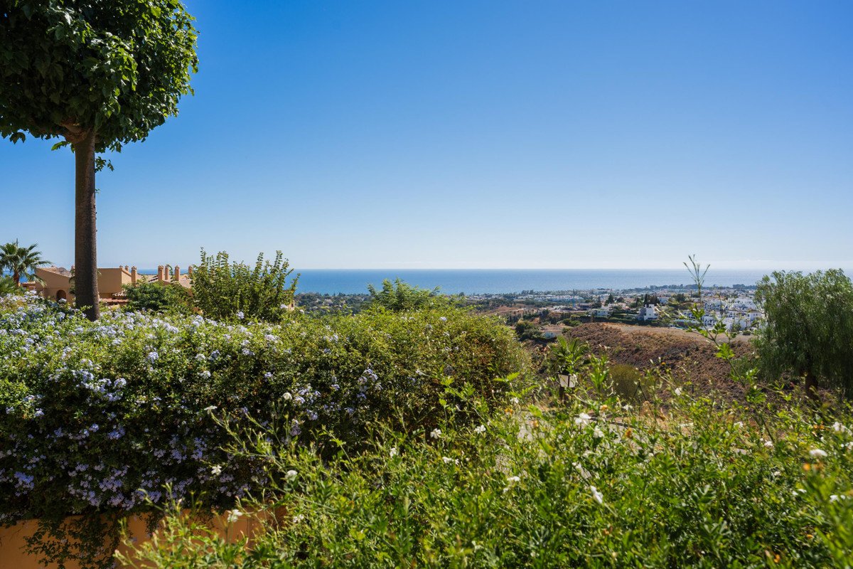 A scenic view of the sea and coastline from a balcony, surrounded by blooming flowers and greenery.