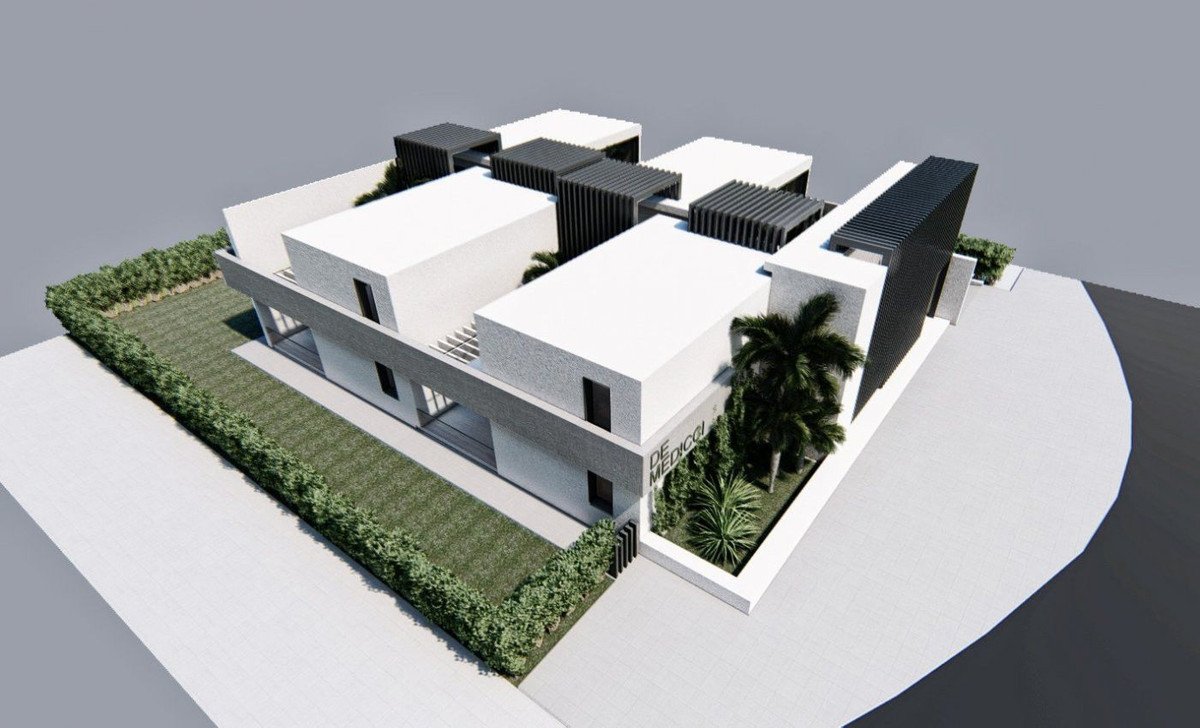 Modern villa 3D rendering showing aerial view with lawn and palm trees