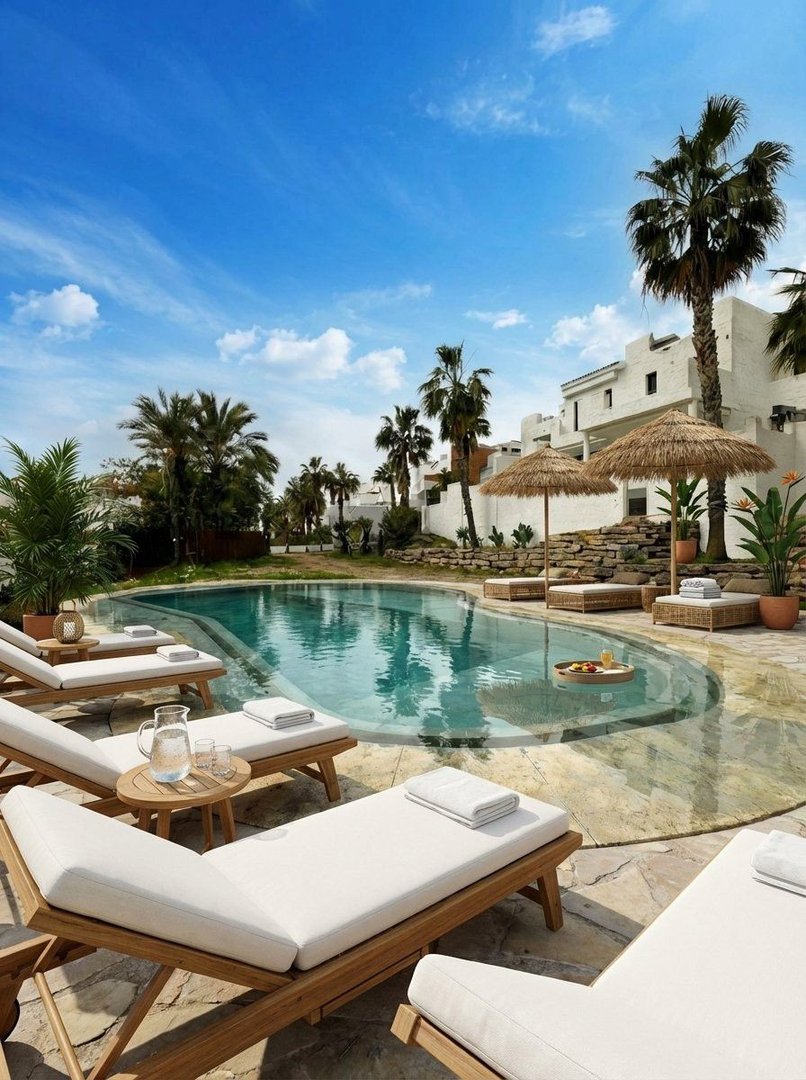 Outdoor pool area with lounge chairs, umbrellas, and palm trees