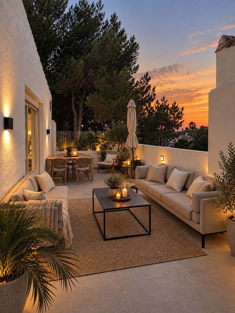 Luxurious terrace lounge area with comfortable sofas, coffee table, and dining set, overlooking a sunset view.
