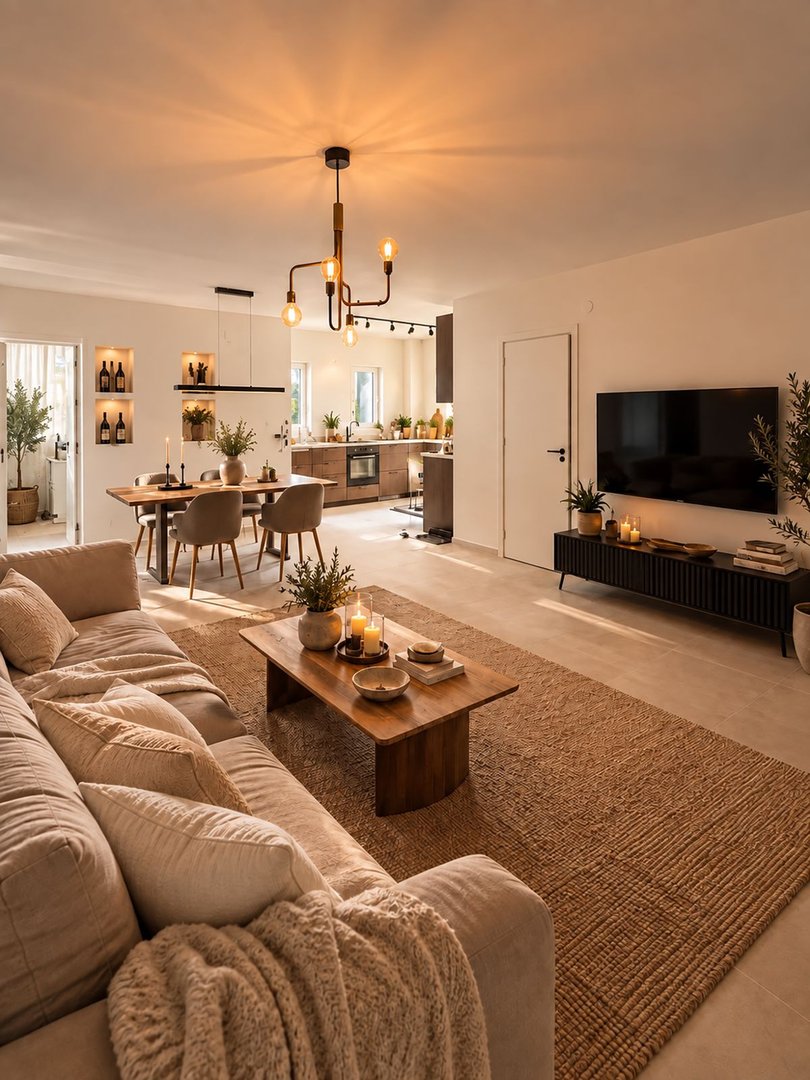 Cozy open-concept living, dining, and kitchen area with modern furniture, warm lighting, and a view into the kitchen.