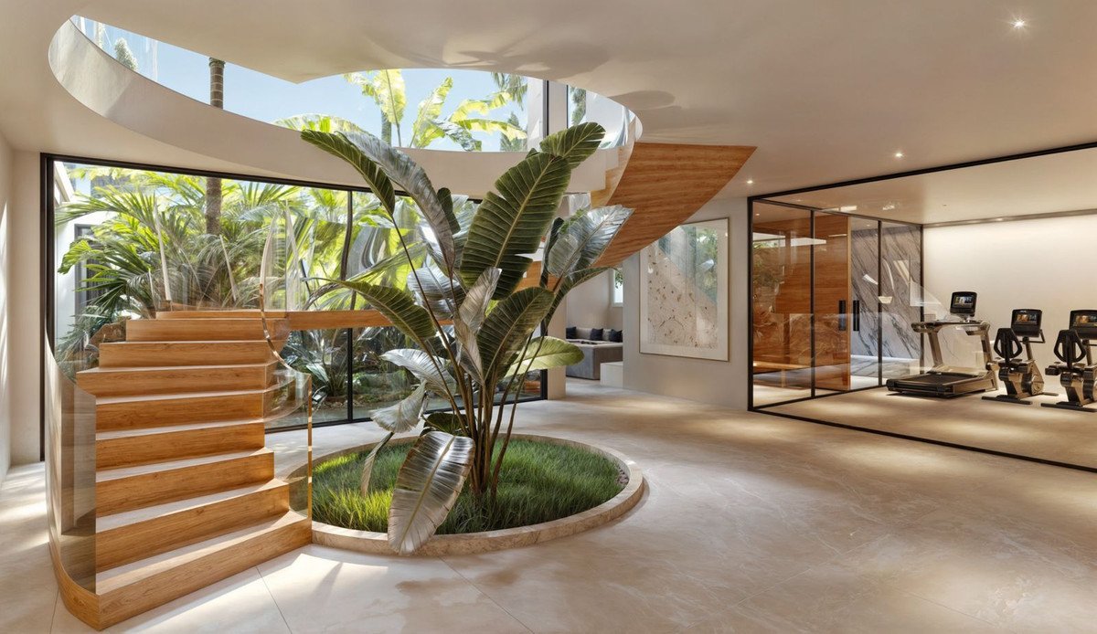 Modern interior with a circular staircase, indoor plants, and a glass-enclosed home gym with treadmills and stationary bikes.