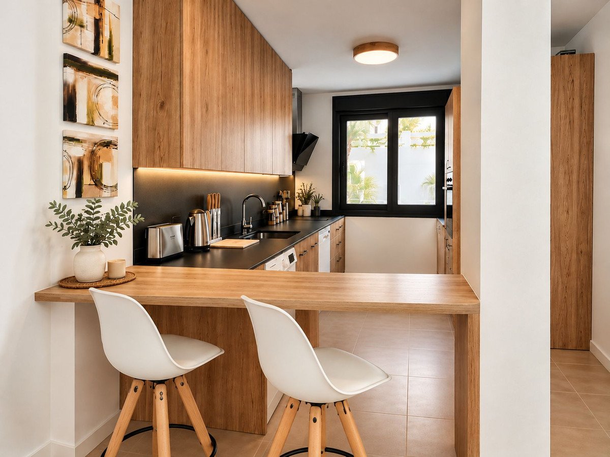 Modern kitchen with wooden cabinets, black countertops, and breakfast bar seating