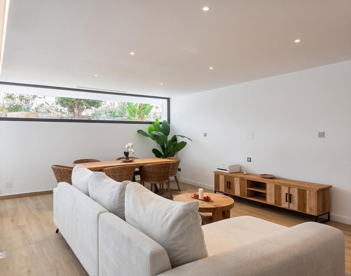 Modern living and dining area with a large window, comfortable sofa, wooden furniture, and lush green plants.