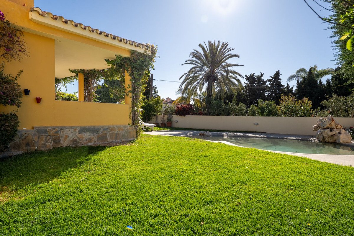 A sunny backyard with a covered patio, a swimming pool, a lush green lawn, and palm trees under a clear blue sky.