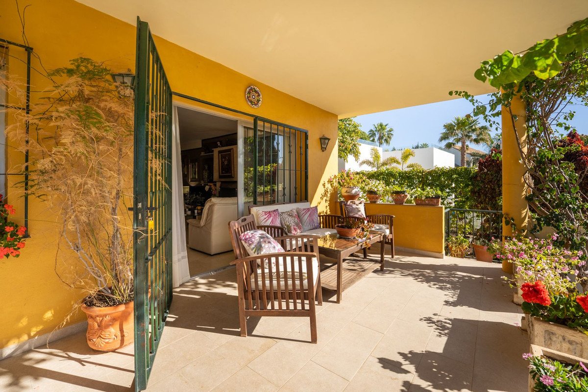 A covered terrace with wooden furniture, potted plants, and green foliage, overlooking a sunny outdoor area with palm trees in the distance.