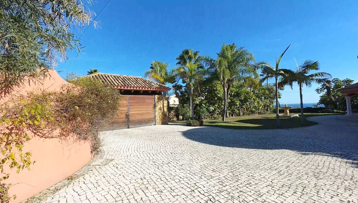 A paved driveway leads to a property with palm trees, lush greenery, and a distant ocean view.