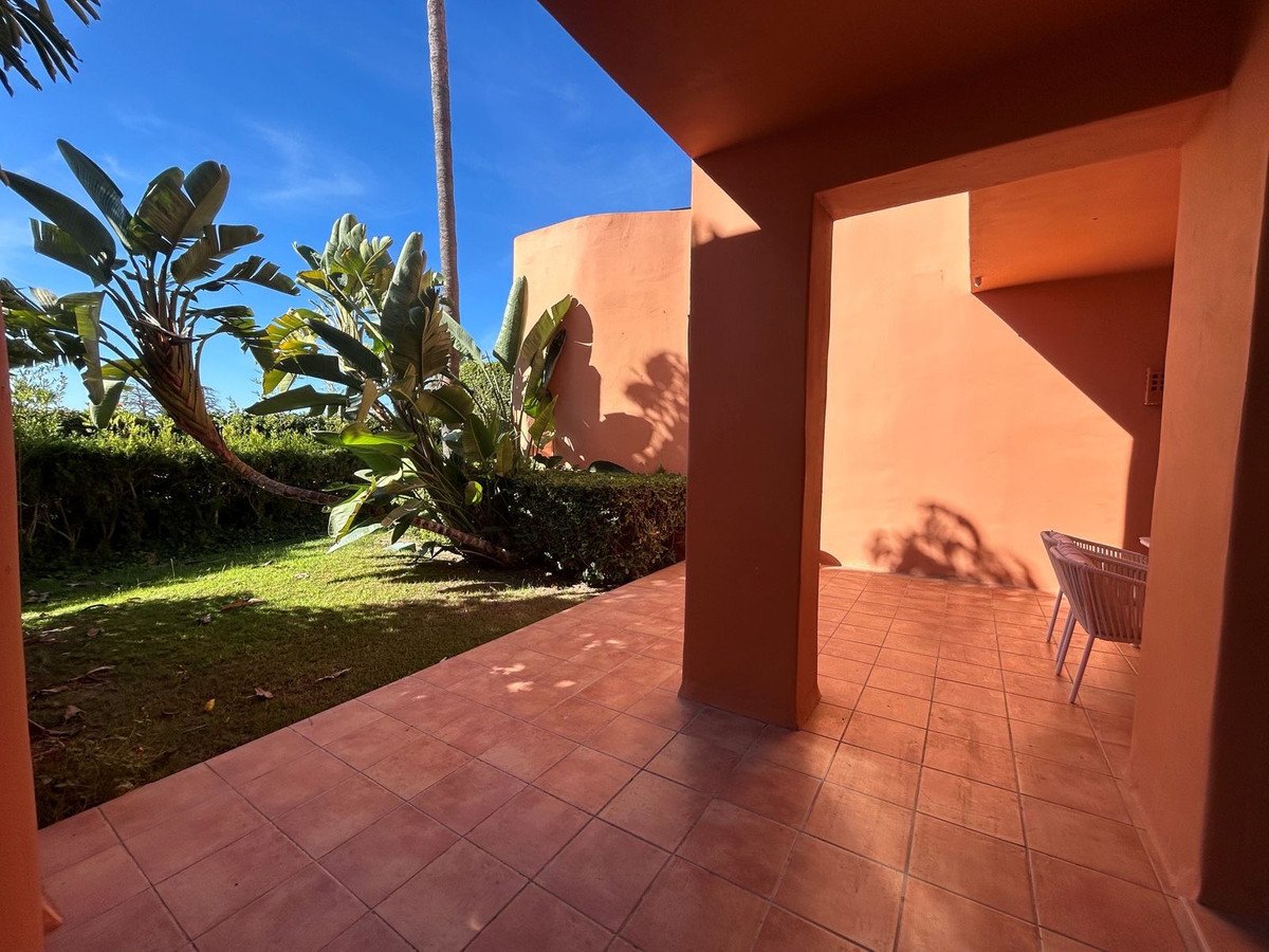 Terrace with a view of a lush garden featuring tropical plants and a sunny blue sky. A chair sits on the patio.