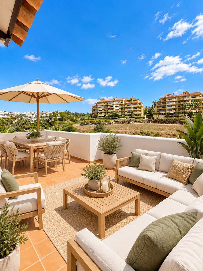 Spacious terrace with outdoor dining set, comfortable lounge furniture, coffee table, and apartment buildings in the background under a blue sky.