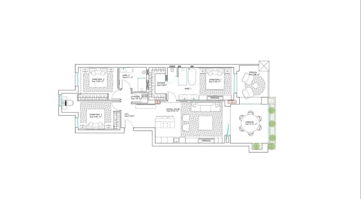 Floor plan of a 3-bedroom apartment with living room, dining area, terrace, and two bathrooms.