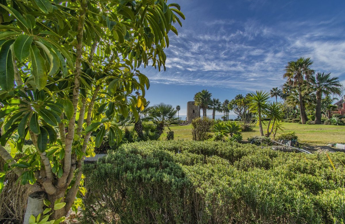 Lush green gardens with palm trees and a tower, overlooking the sea under a blue sky with white clouds sky.