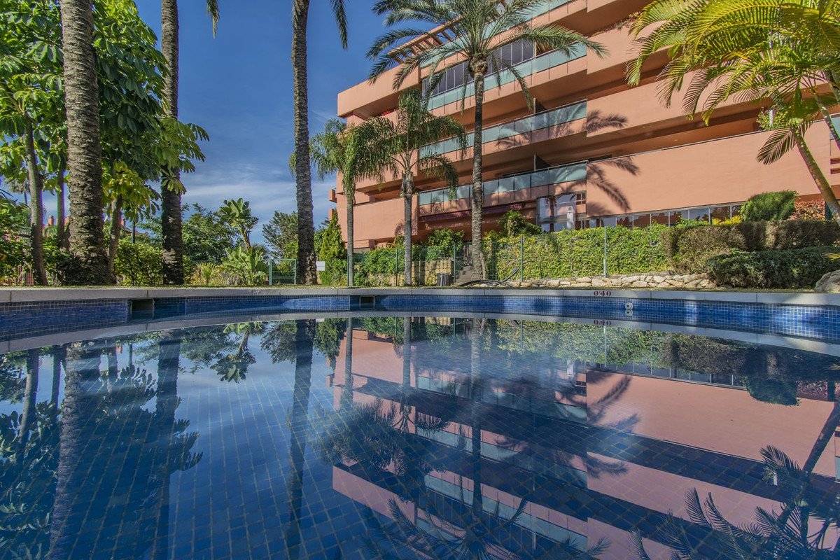 A swimming pool with reflections of a resort building and palm trees on a sunny day. Tropical resort setting.
