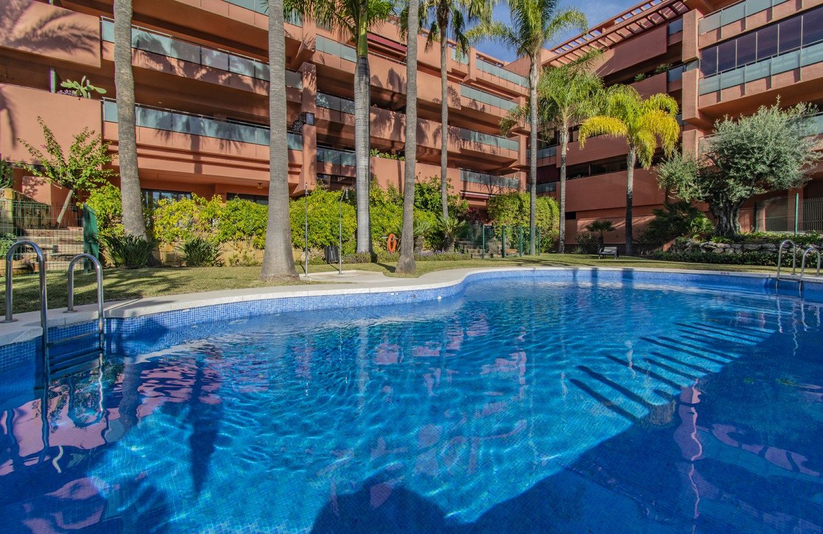 A bright blue swimming pool with tiled edges, surrounded by palm trees and a modern building.