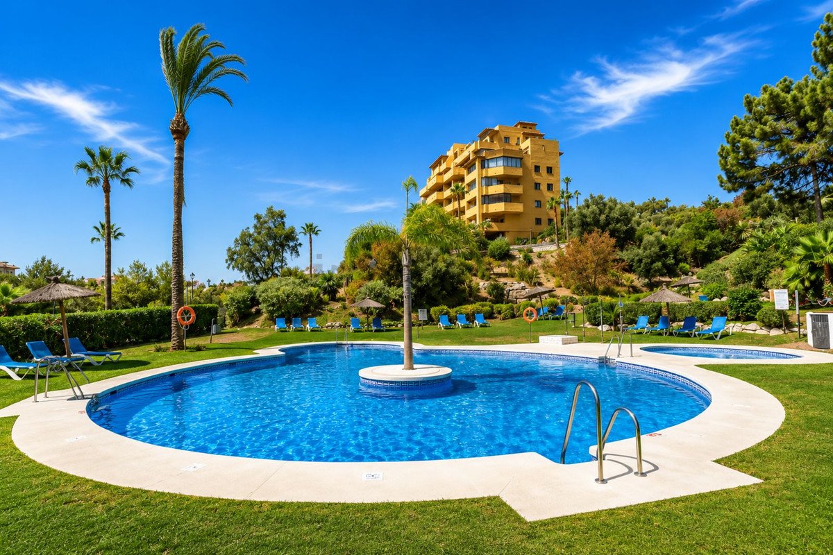 Swimming pool with lounge chairs, palm trees, and resort building in background