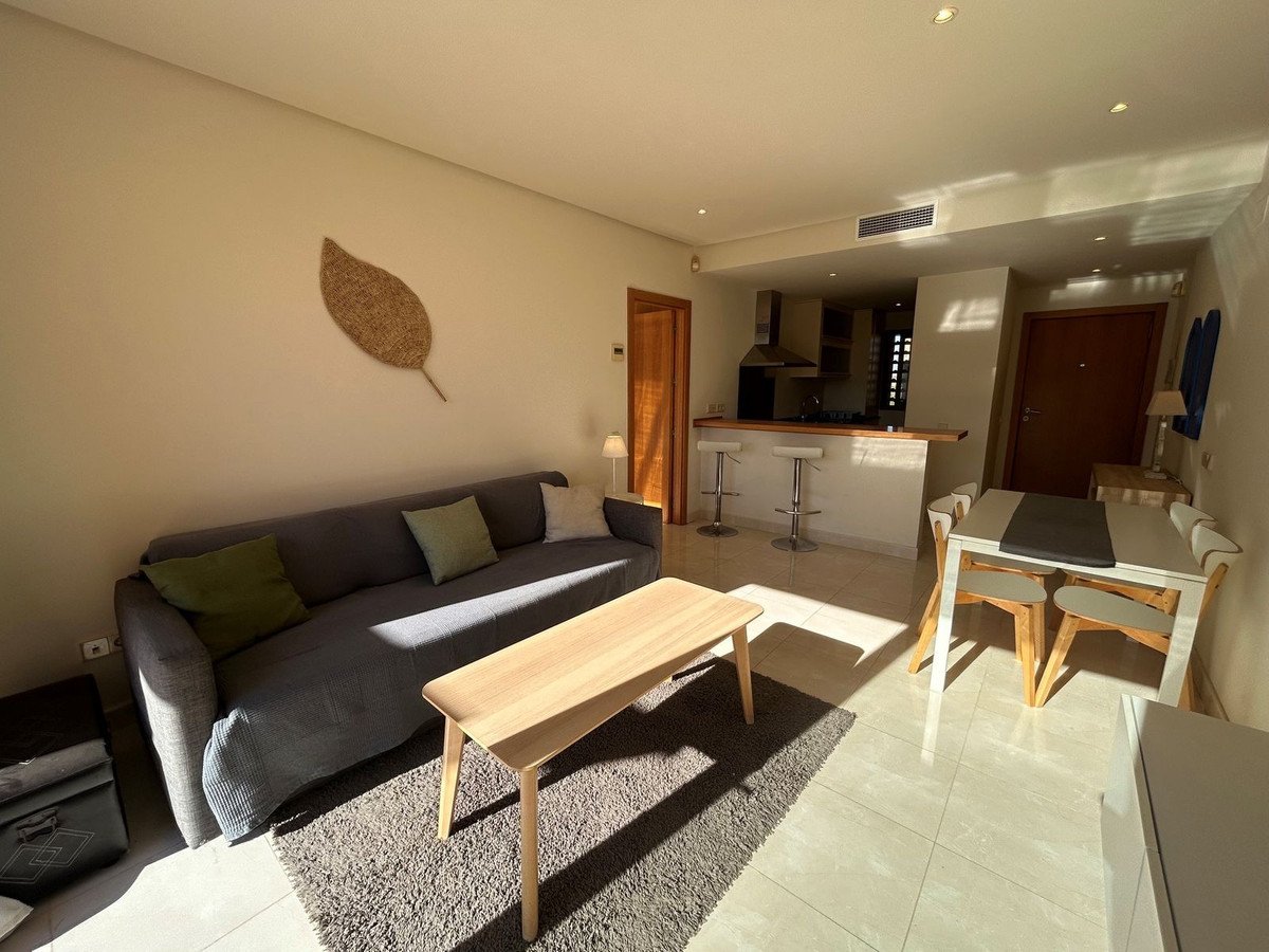 Modern living area with grey sofa, coffee table, kitchenette with bar stools, and a dining table with chairs.