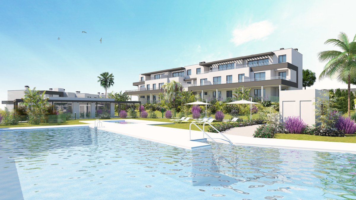 Modern apartment with pool view, balcony, and tropical garden.