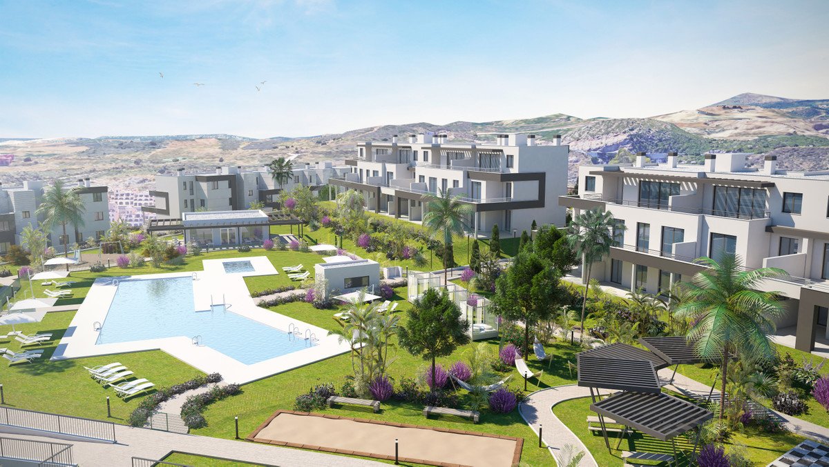 Modern apartment with pool, garden, and mountain view.