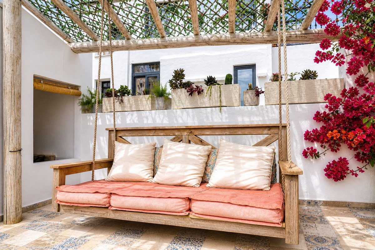 Wooden swing seat with cushions on a tiled terrace, adorned with vibrant pink bougainvillea flowers and green foliage overhead.