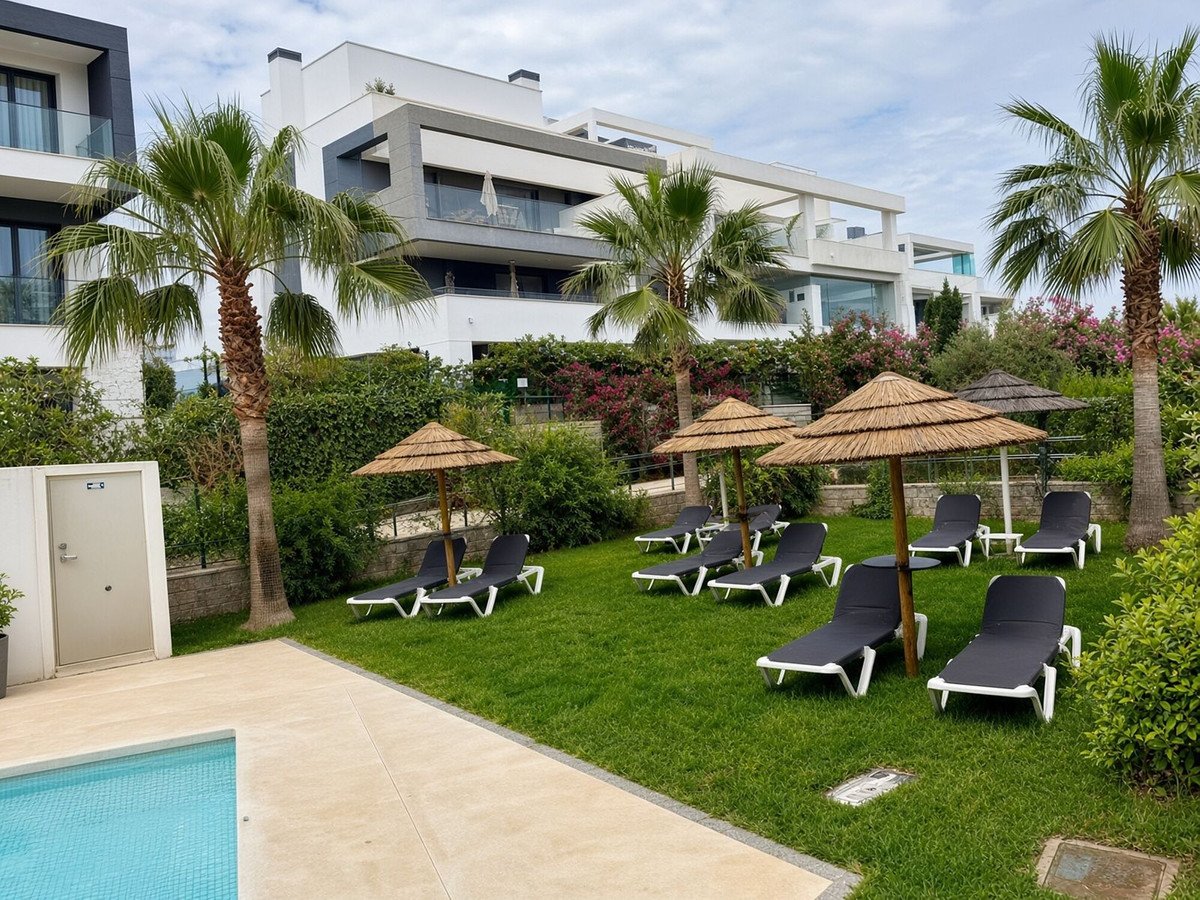 Sun loungers and straw umbrellas on a green lawn next to a swimming pool, with modern buildings in the background.
