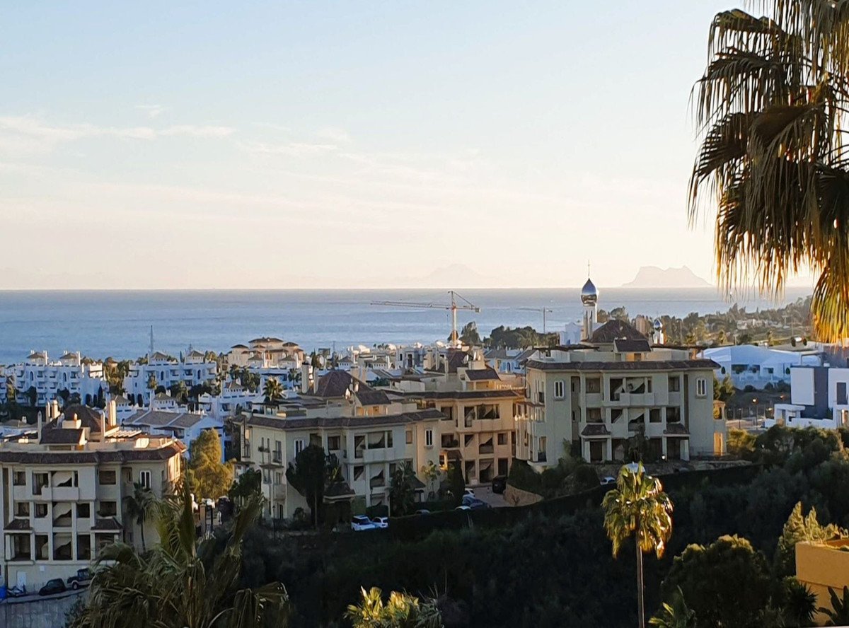 Apartment buildings with a coastal view, featuring palm trees in the foreground and distant hills by the sea.