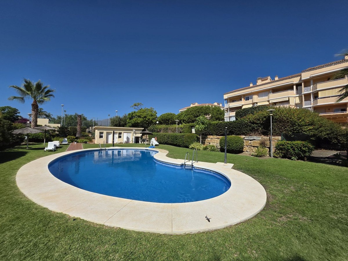 A sunny outdoor scene with a bright blue swimming pool and lounge chairs, overlooking apartment buildings and lush greenery.