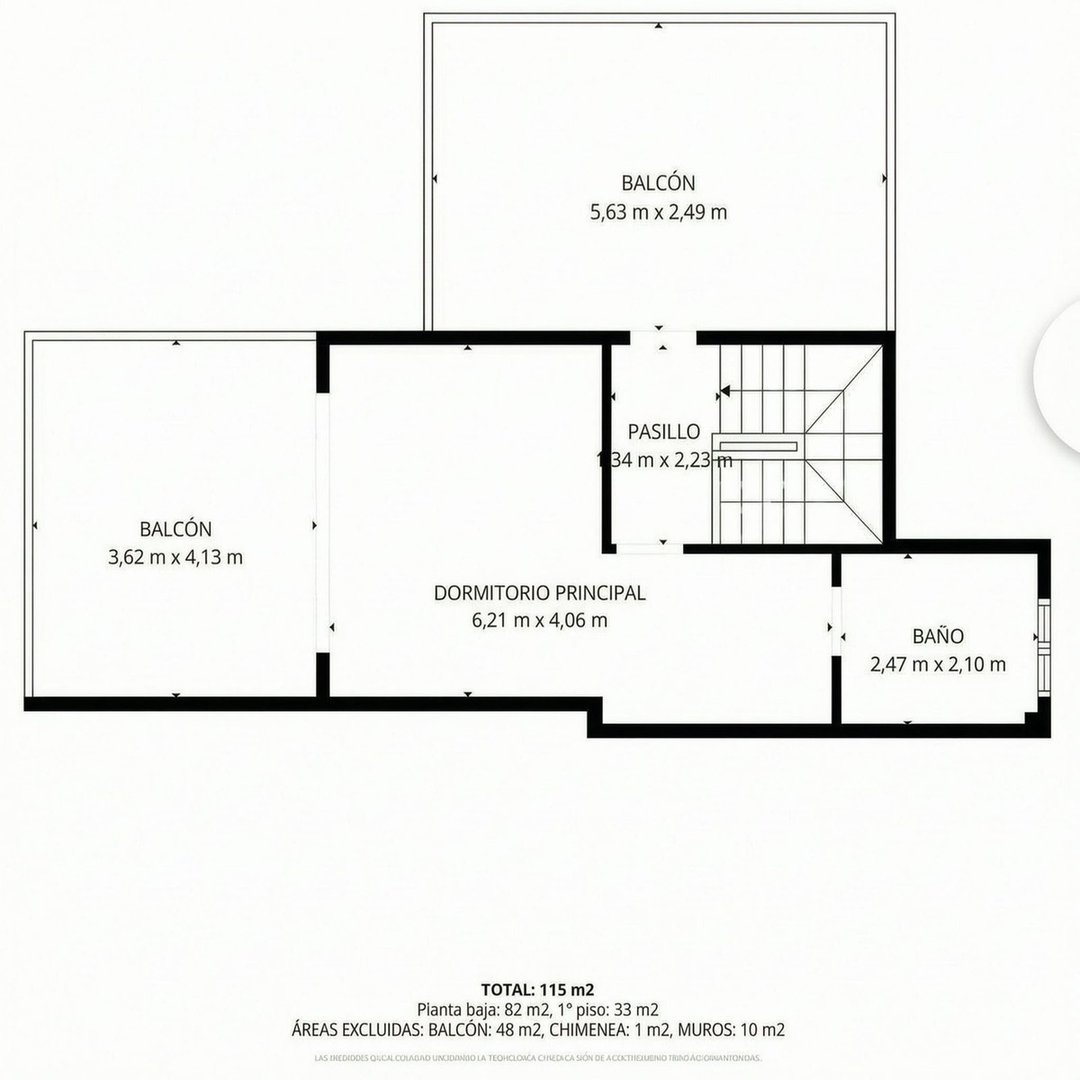 Floor plan showing a principal bedroom with a large balcony, a second balcony, a bathroom, and a hallway with stairs visible.