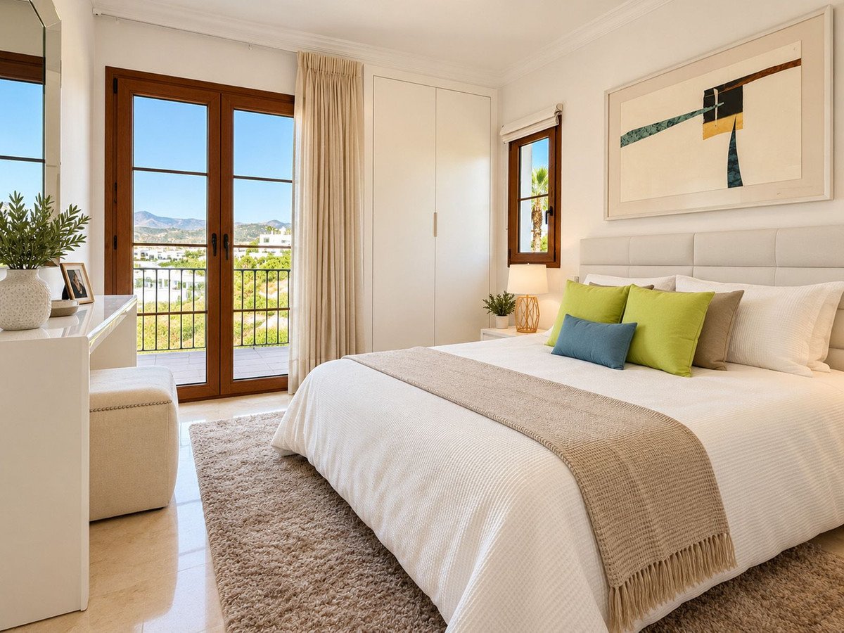 A spacious bedroom with a large bed, balcony access with mountain views, and modern decor.