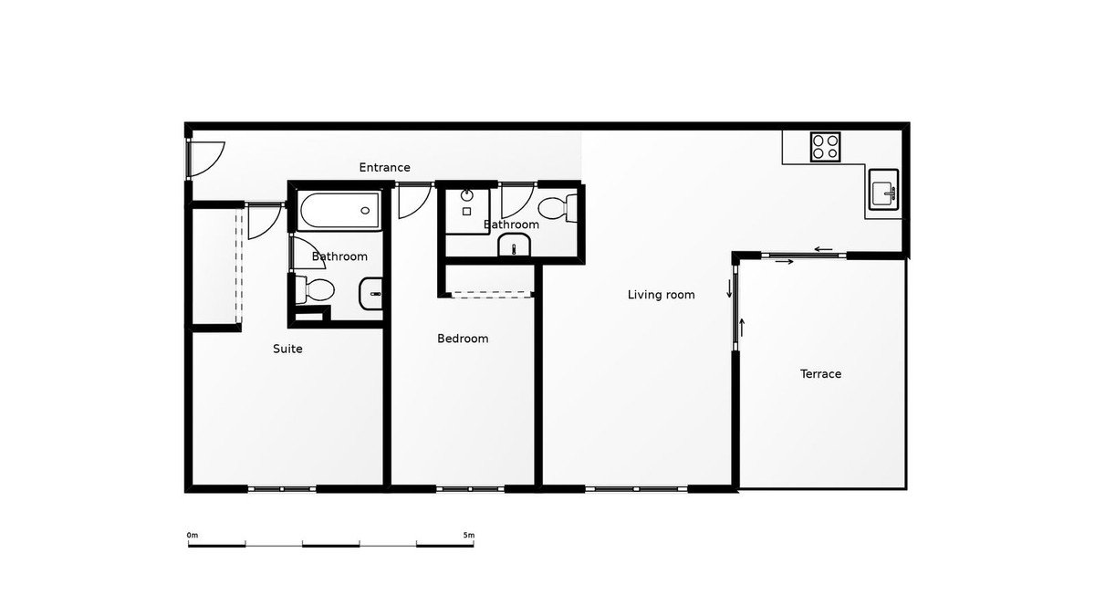 Floor plan of a two-bedroom apartment featuring a suite, a second bedroom, living room, bathroom, and a spacious terrace.