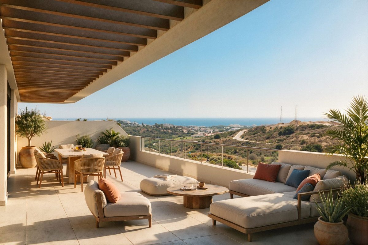 Luxury terrace with ocean view, outdoor seating, and dining area