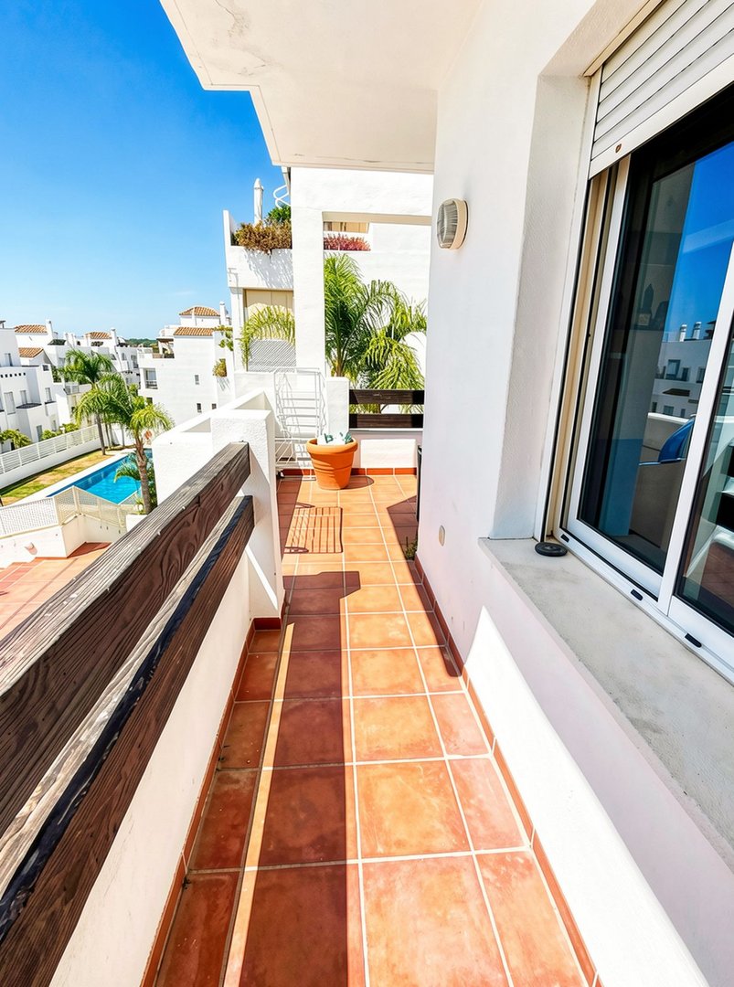 A spacious balcony with terracotta tiles offers a view of a swimming pool and palm trees under a clear blue sky.