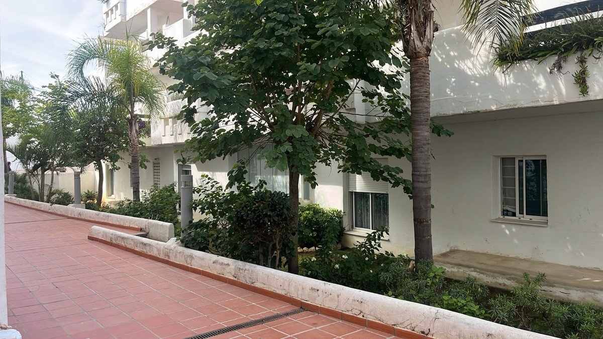 White apartment building with terrace, palm trees, and tiled walkway.
