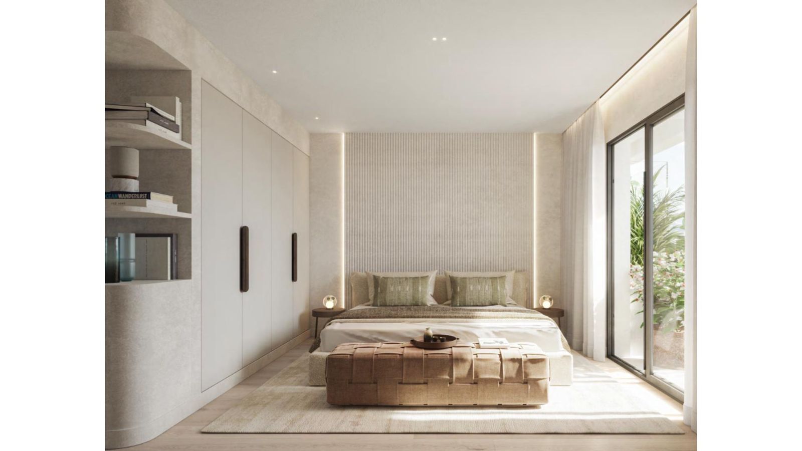 Moderne slaapkamer interieur in Asperia Estepona met groot bed en kledingkast.