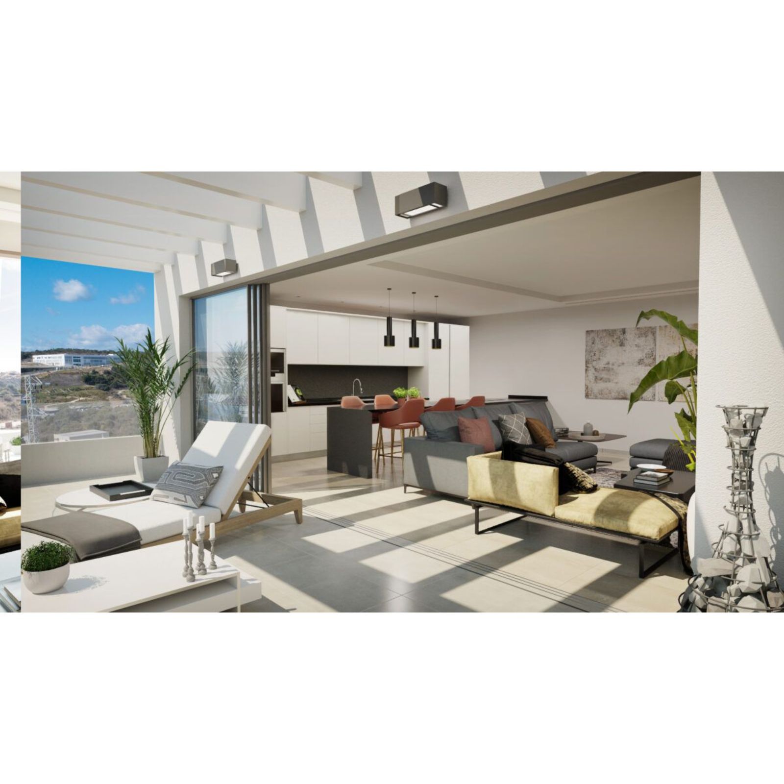 Modern interieurontwerp met zitgedeelte en uitzicht vanuit Costafiore Gardens.