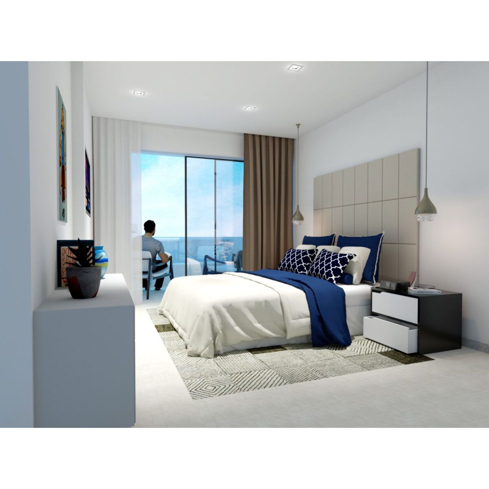 Moderne slaapkamer met uitzicht op de oceaan.