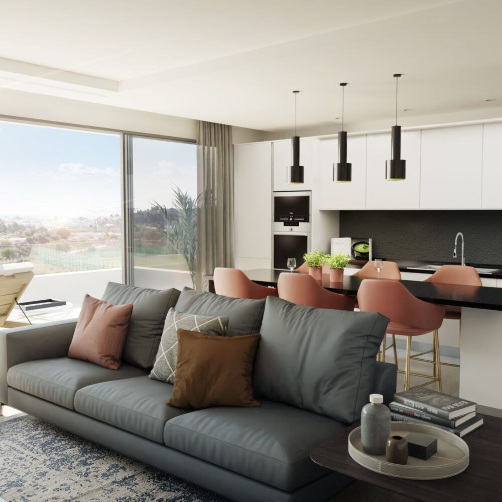 Moderne woonkamer met open keuken in Costafiore Gardens