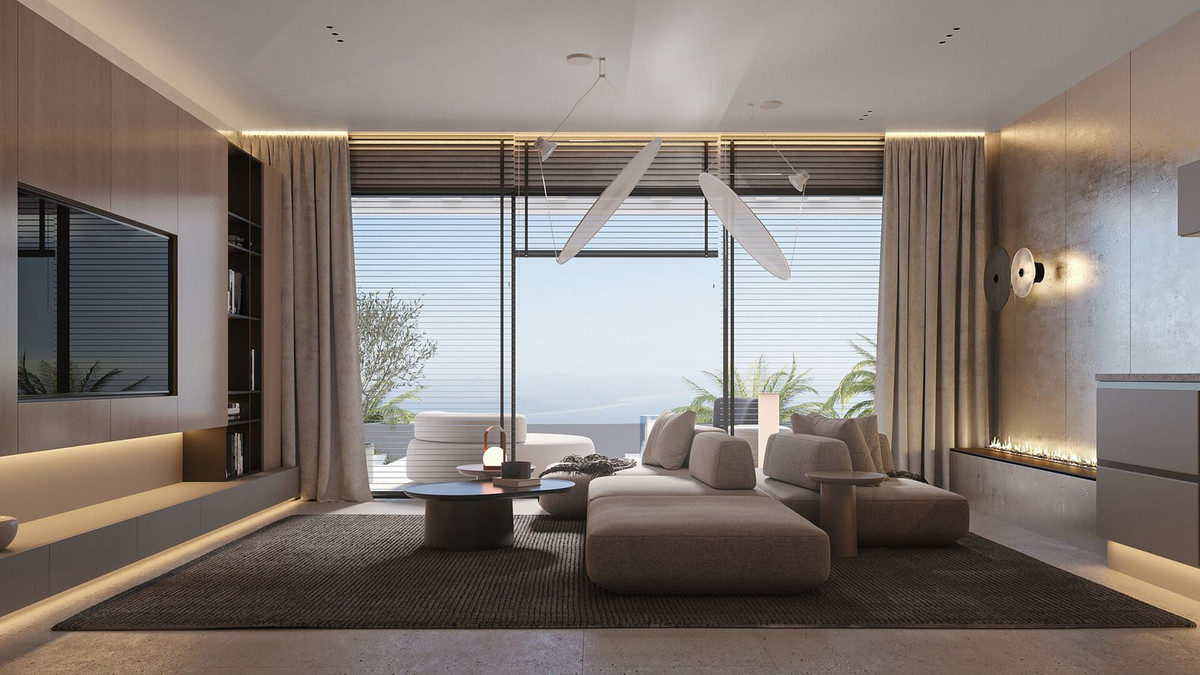 Moderne woonkamer met uitzicht in appartementencomplex.