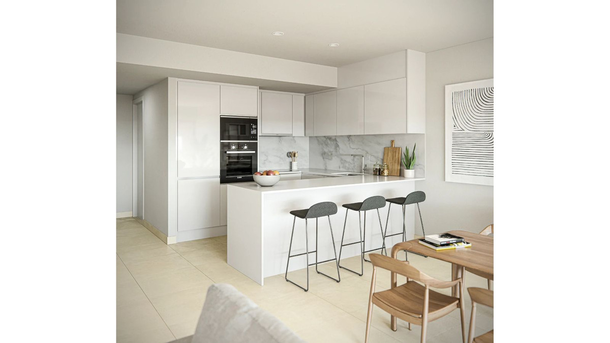 Moderne keuken met eiland en eettafel in Isea Estepona III