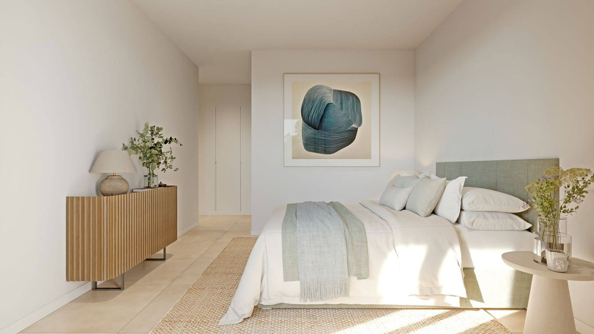 Moderne slaapkamer suite interieur met minimalistische decoratie en zachte kleuren.