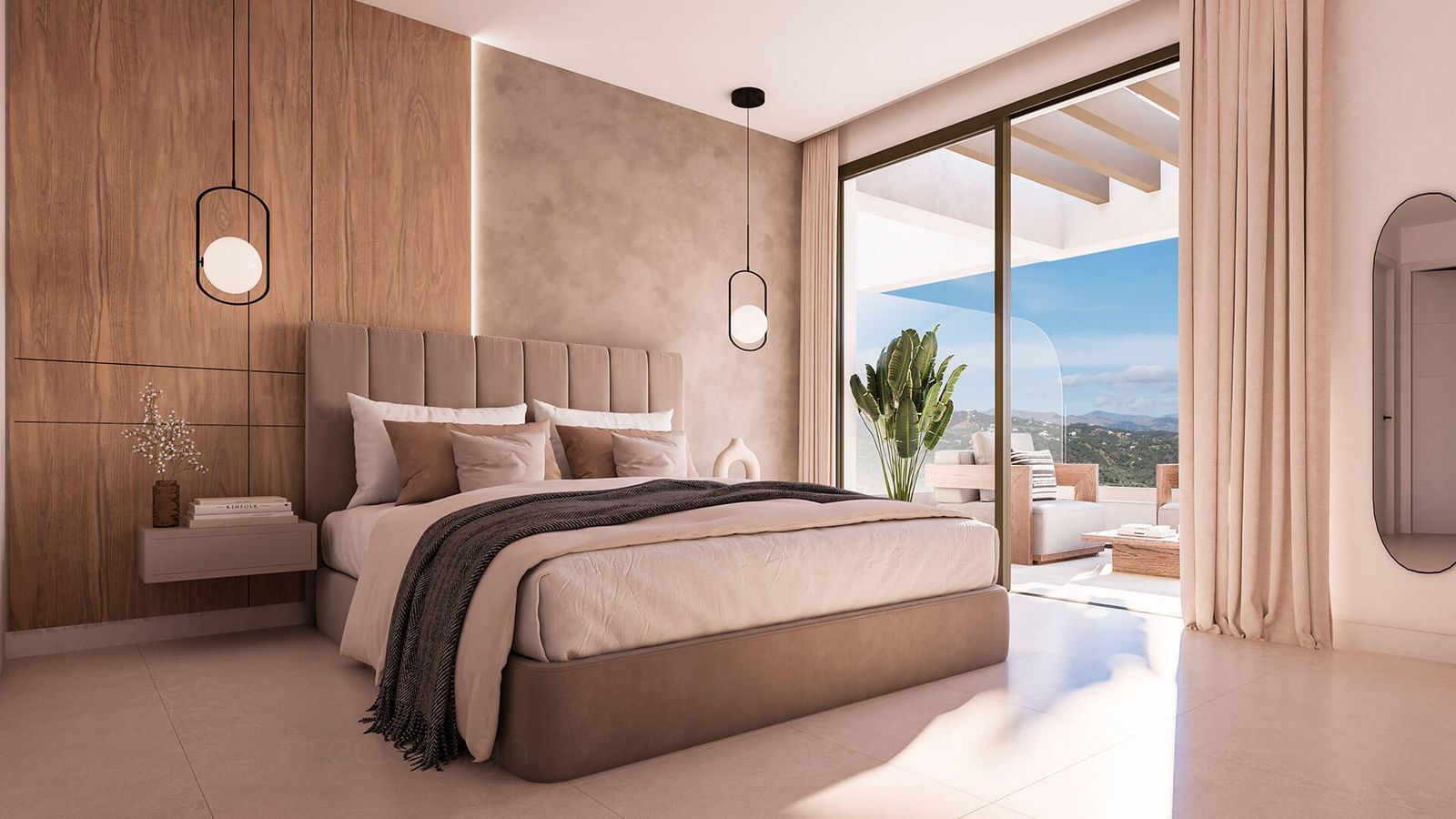 Moderne slaapkamer met balkon en uitzicht op de bergen