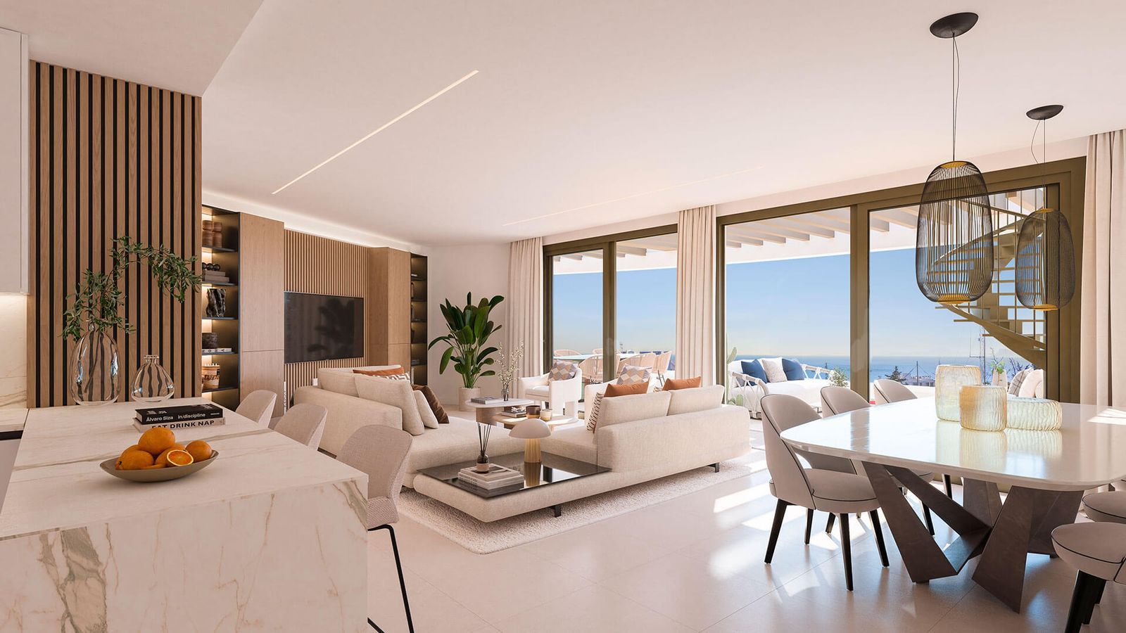 Moderne woon-eetkamer met uitzicht in appartement MarAlto