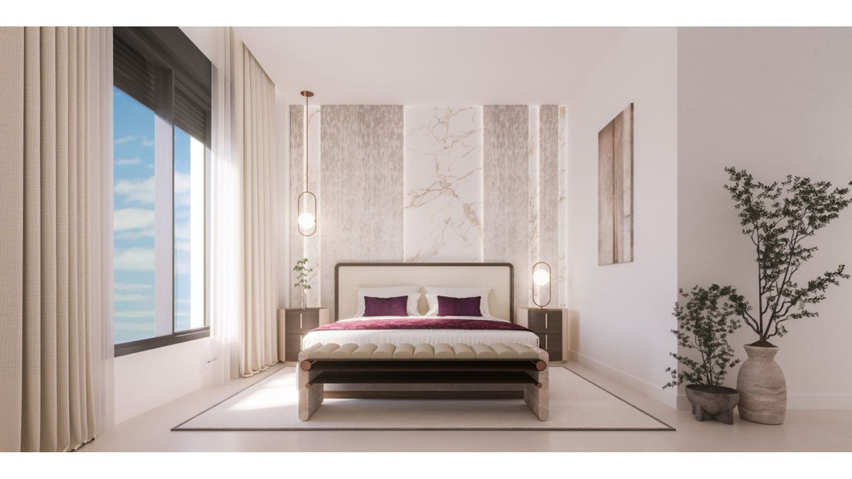 Stijlvolle slaapkamer met modern design in Natura Estepona, Spanje.