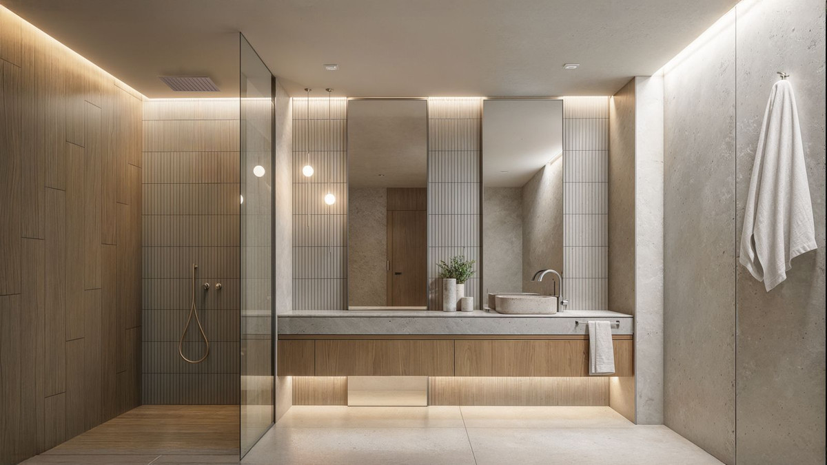 Moderne badkamer met inloopdouche en houten elementen