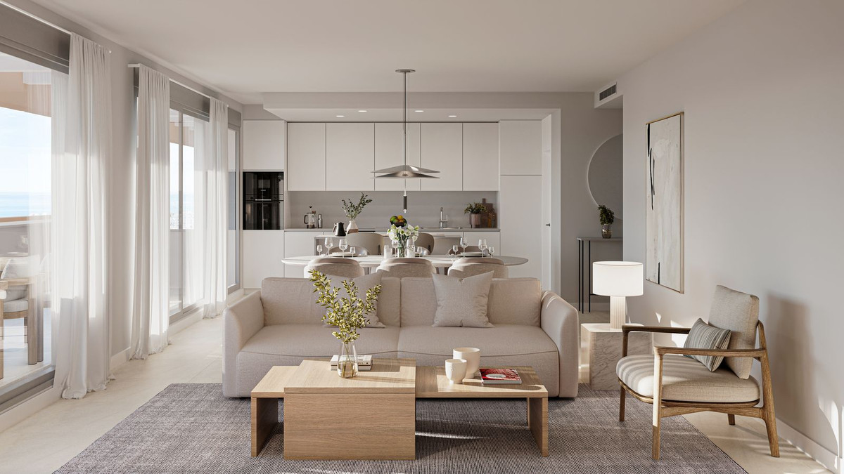 Moderne woonkamer met open keuken en zachte kleuren