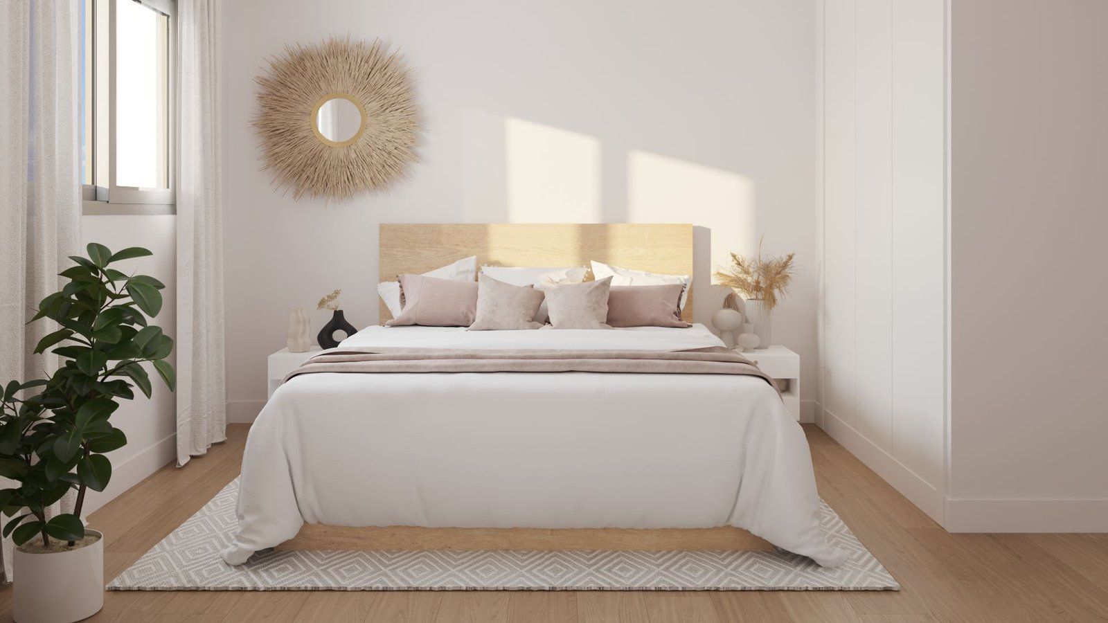 Slaapkamerinterieur in Valle Romano met bed en decoratie.